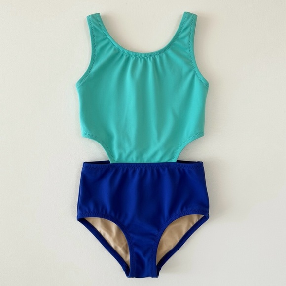 J. Crew Crewcuts Girls Colorblock Cutout One-Piece Swimsuit Turquoise Blue | 3T - Picture 1 of 8